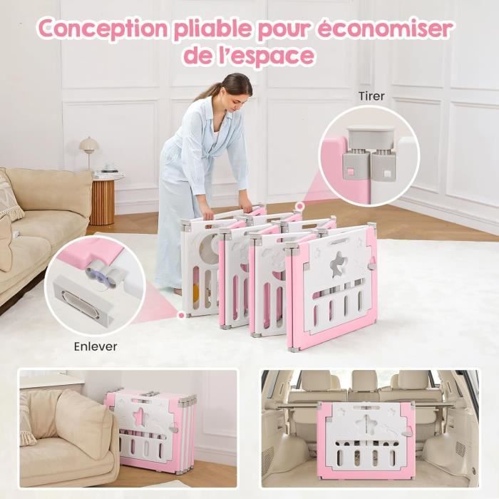 Foldable Baby Playpen, Modular Plastic Baby Playpen 150×150cm, Baby Playpen with Door, XL Children's Playpen with Activity Panel, Pink
