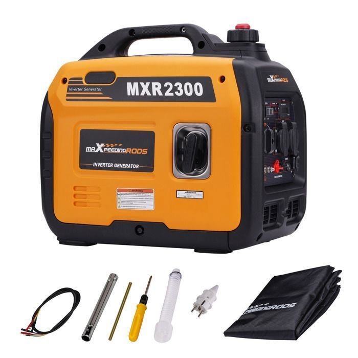 Generatore inverter a benzina da 2300W/1800W, compatto e portatile, con prese USB e 230V, manuale di istruzioni incluso in francese.