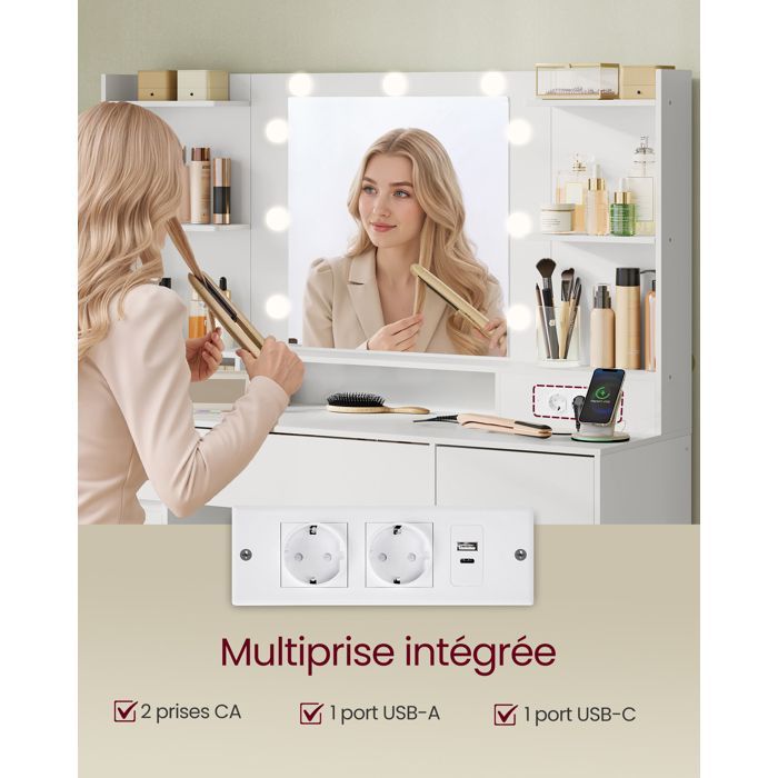 Dressing table with LED mirror - VASAGLE - 3-color lighting - 9 bulbs - Integrated power strip - 2 cupboards - 3 drawers