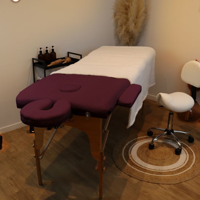 Folding 2-section wooden massage table with Reiki panel + Accessories and carrying case - Plum - Vivezen