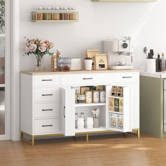 Buffet Cuisine Meuble de Rangement-140x40x80 CM-étagères réglables-Buffet Salon avec 4 Portes 6 Tiroirs-pour Salon,Salle à Manger
