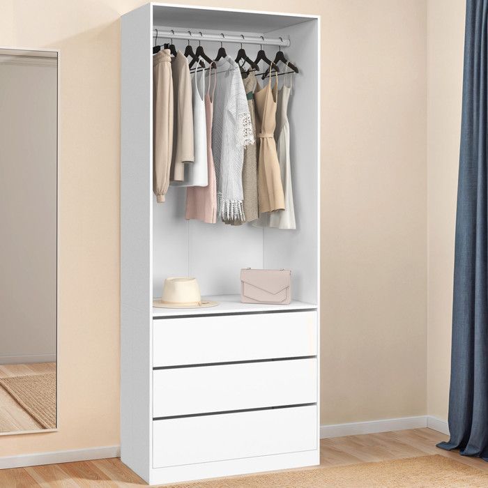 IDMARKET Dressing TAYLOR 80 x 55 x 200 cm 1 module avec penderie + 3 tiroirs blanc