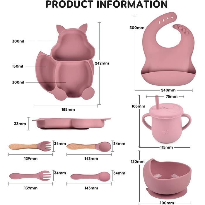 Children's Tableware Set - Brand - 8-Piece Silicone Baby Plate Set - Pink - BPA Free