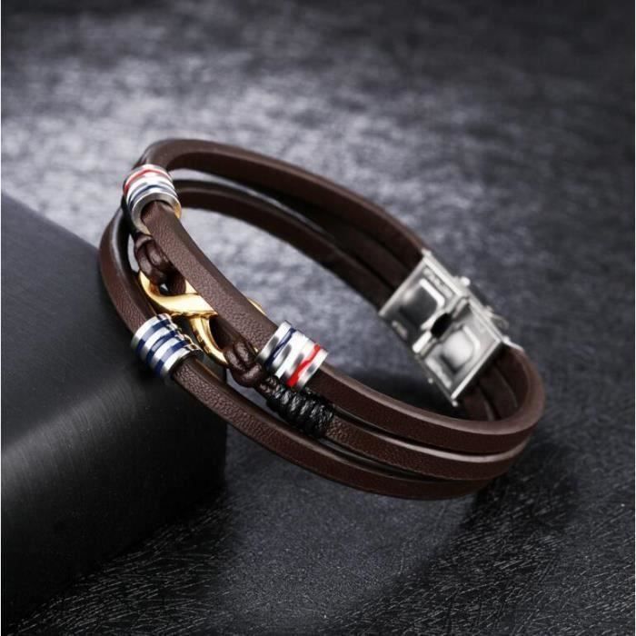 Bracelet homme en cuir - ORGANGONFAND - Marron - Acier au titane - Multicouche - Cadeau anniversaire