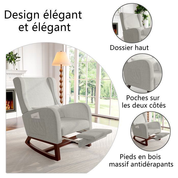Chaise à Bascule - SOMUBI - Rocking Chair - Tissu Gris - Repose-jambes Télescopique - Poches de Rangement