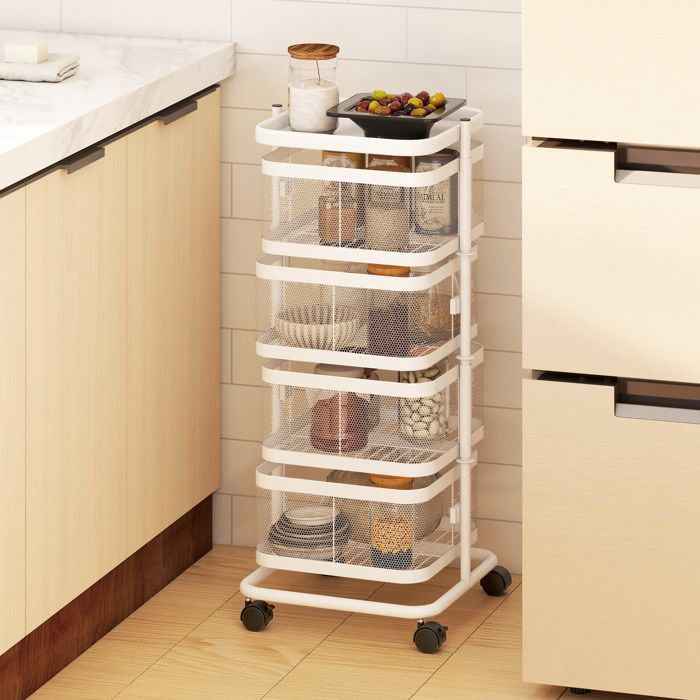 Groenterek - HOMCOM - 4 draaibare manden op wielen - lade - draadrek - 33x33x77cm - wit