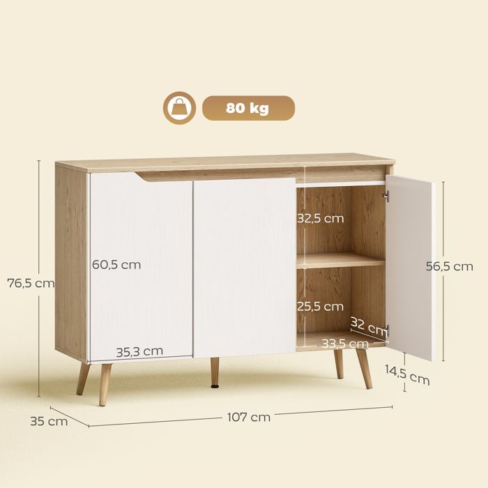 Aparador de cocina - HOMCOM - 3 puertas, estantes ajustables - aglomerado y madera de caucho - 107x35x76,5cm - blanco y roble