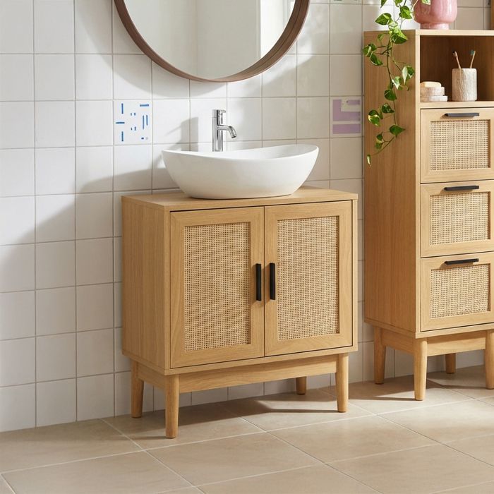 Meuble sous vasque AMANA effet chêne et cannage rotin l60cm - Bois