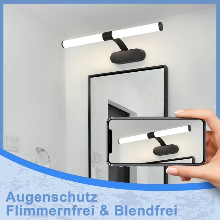 Homefire Applique LED salle de bain， LED lampe à miroir 4000K blanc neutre IP44 8W 60CM noir lampe murale moderne étanche