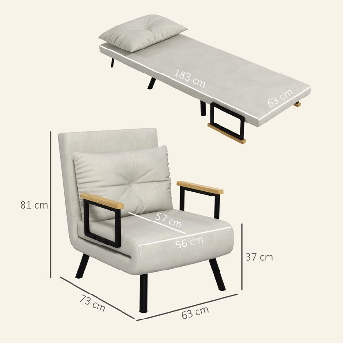 Sillón convertible 4 en 1 HOMCOM, que se transforma en sofá cama individual, con respaldo ajustable, reposabrazos y cojín de madera, tapizado en tela efecto terciopelo color crema.