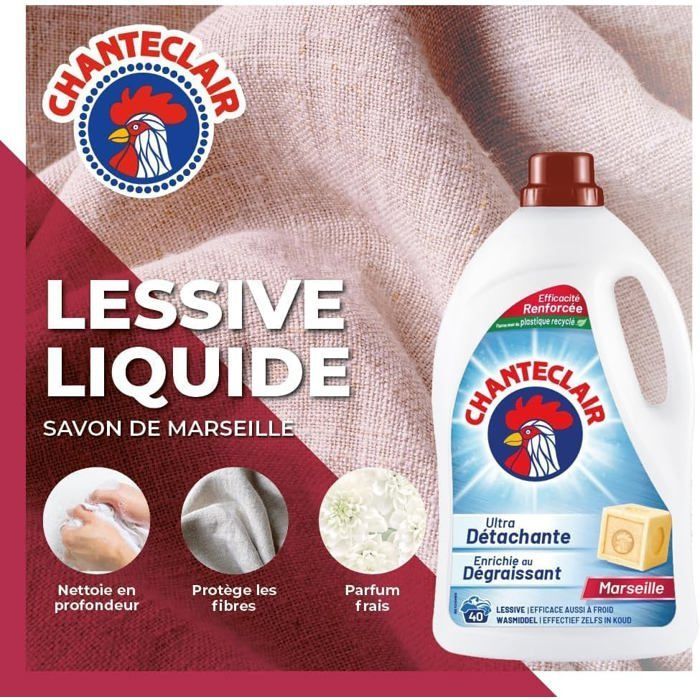 Chanteclair geconcentreerd vloeibaar wasmiddel Marseille, verrijkt met ontvetter, ultra vlekverwijderaar en effectief, 40 wasbeurten - 1800 ml x 3