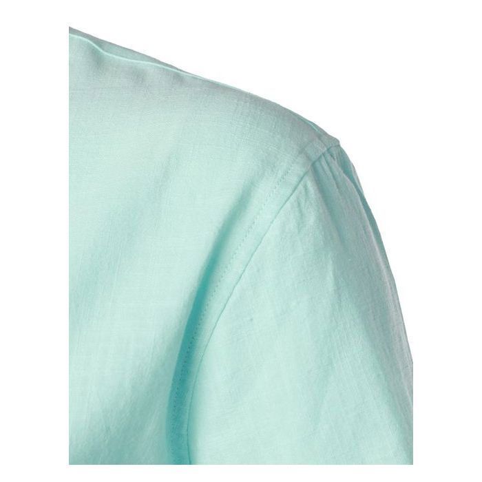 Men's Henley Shirt, Short Sleeves, Breathable Cotton and Linen, Slim Fit, Striped, 3-Button Collar, Mint Green, Size S