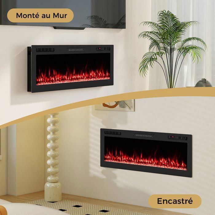 Cheminée Électrique Mural/Encastré Contrôle Vocal/APP/Télécommande COSTWAY-750W/1500W-LED Ambiance-Pierre de Cristal-Minuterie 12H