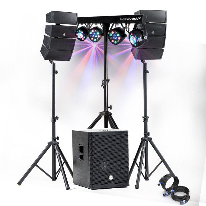 Sistema audio DJ completo da 1200 W con altoparlanti BM SONIC BMS-15-ARRAY-BT + subwoofer da 38 cm con USB/Bluetooth, cavi e illuminazione a LED per bar e sale per feste.