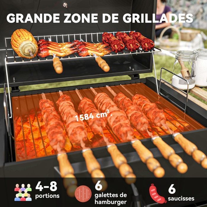 Barbecue charbon de bois - Outsunny - réglable en hauteur - grille couvercle thermomètre étagères roues et décapsuleur - noir
