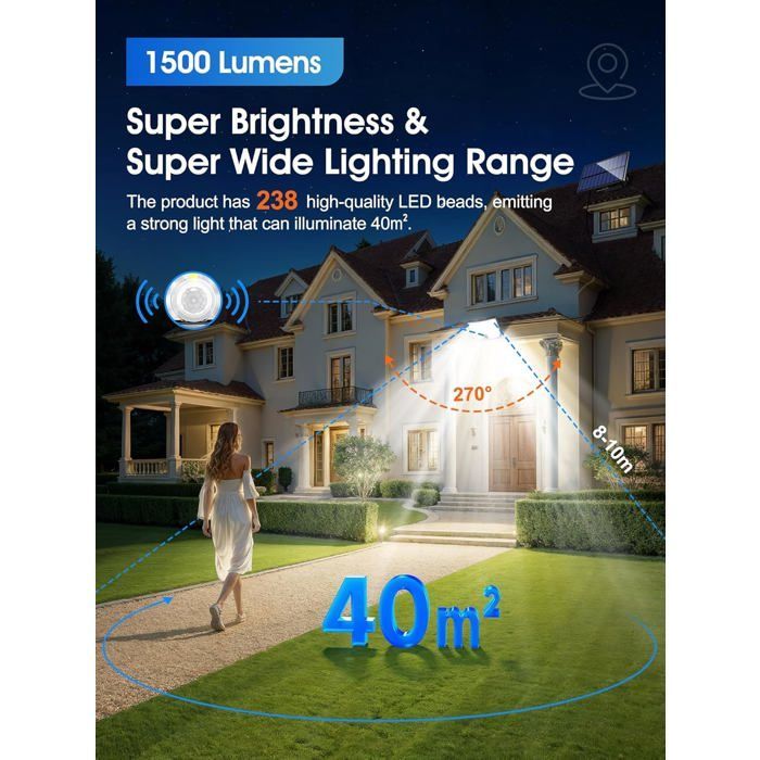 Luminária solar externa, 238 LEDs, 2000 lúmens, com sensor de movimento e 3 modos de iluminação.