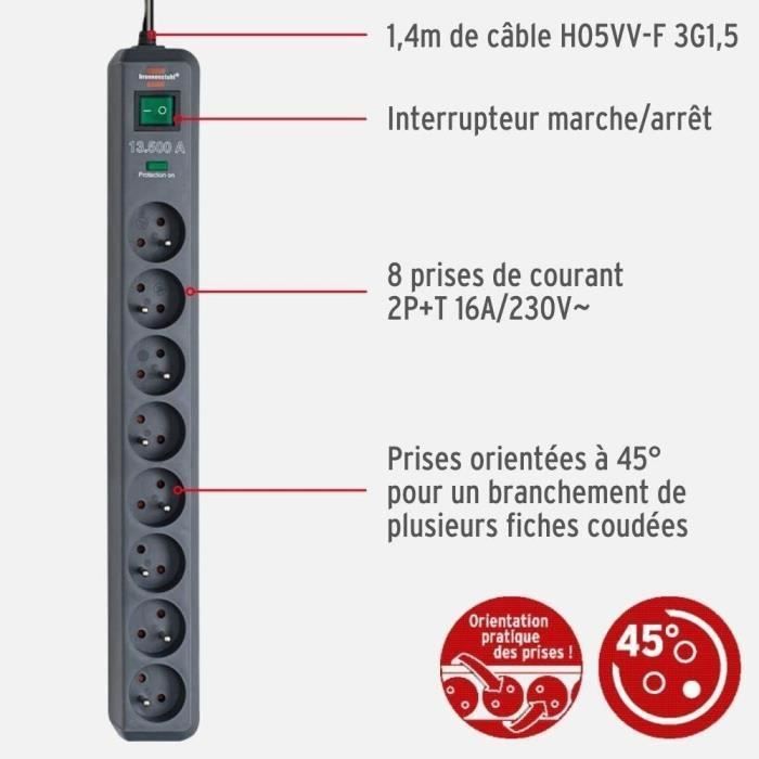 Brennenstuhl Multiprise ECO-LINE Anthracite - 8 prises - avec parafoudre et 1,4m de câble (13.500A)