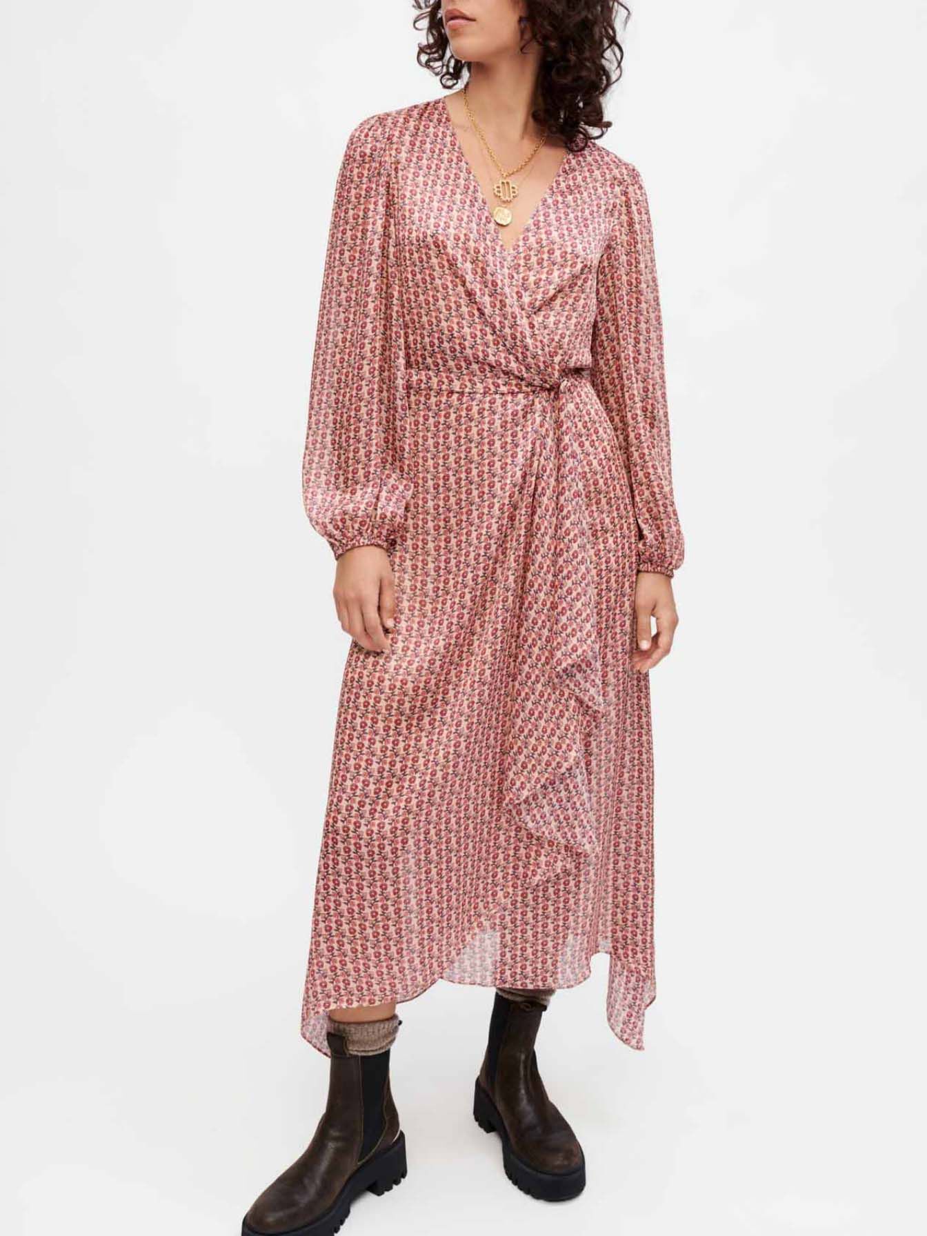 Gedrapeerde satijnen jurk met print-Mini fleurs rose foncé