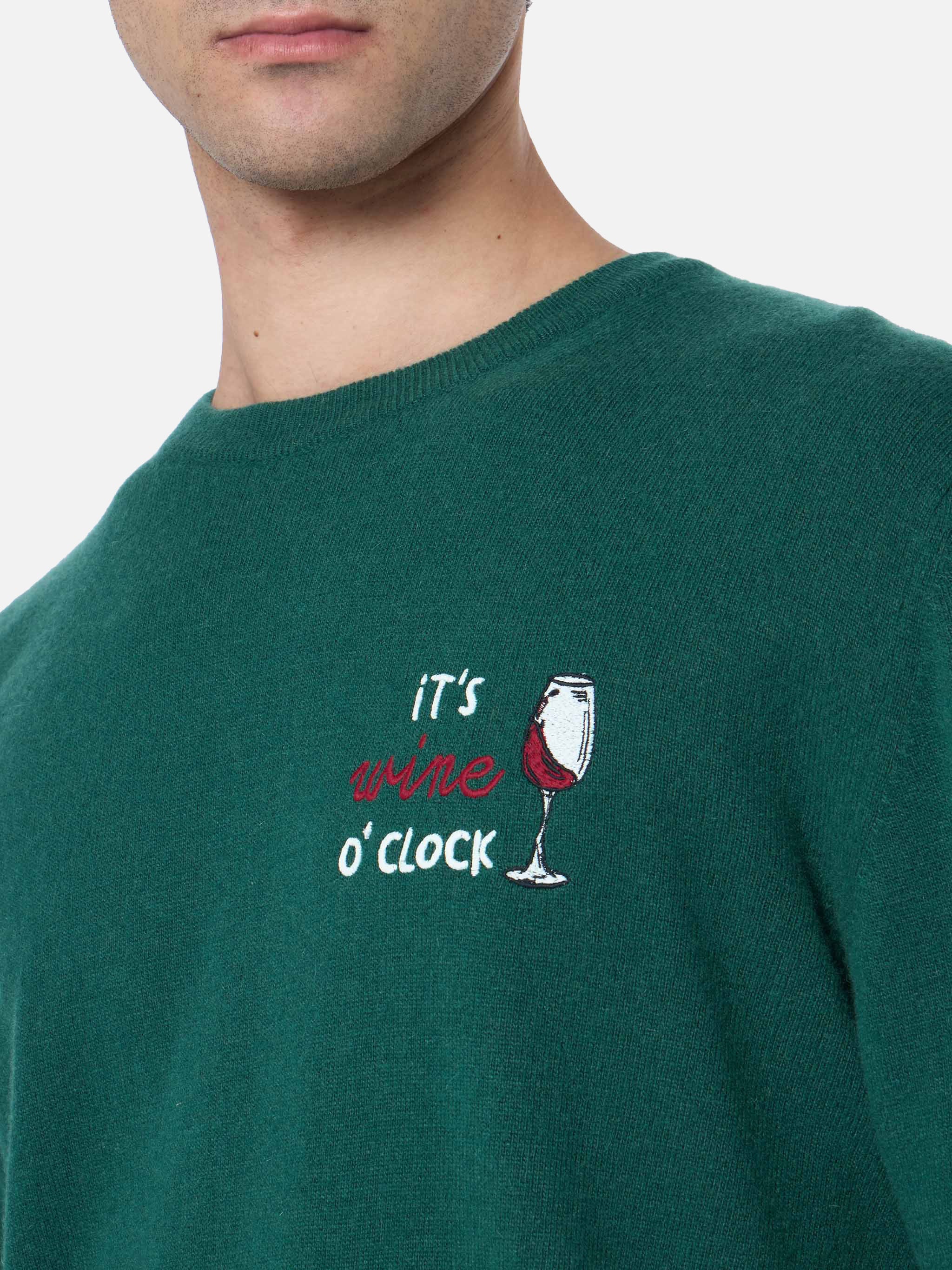 Heron Men's Green Crew-Neck Sweater | 'It's Wine O'Clock' Embroidery | Ribbed Collar, Cuffs, and Hem, Logo Embroidery, Regular Fit | MC2 Saint Barth