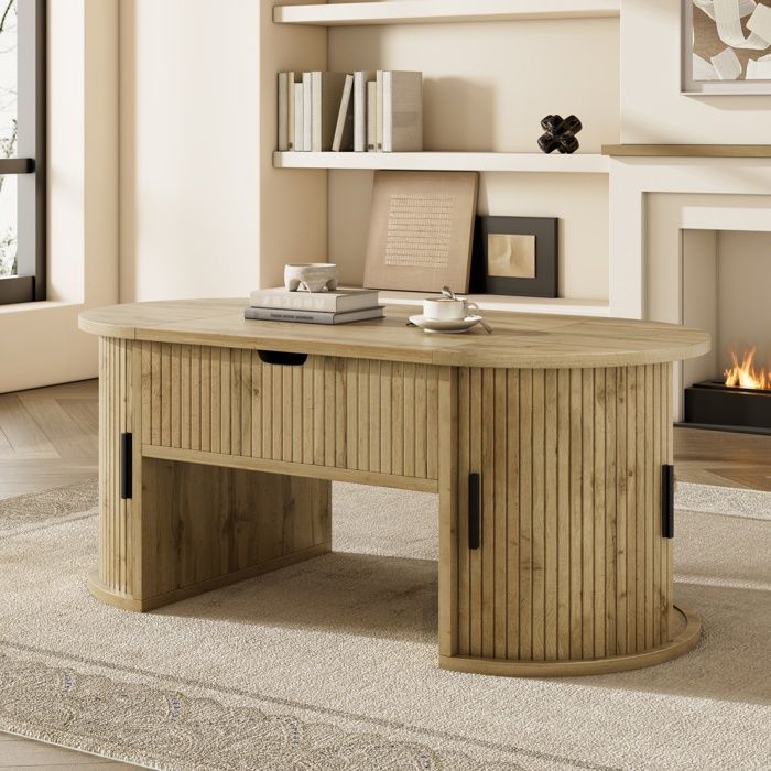 Salontafel - Ovaal met opklapbaar blad - Verstelbaar blad - 2 schuifdeuren - Houtlook 100x50x40,5 cm