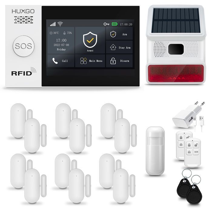 Systeme d'alarme Maison WiFi + GSM, HUXGO HXA007 + Sirène sans Fil, 1X détecteur de Mouvement, 12X capteur de Porte/fenêtre, TUYA