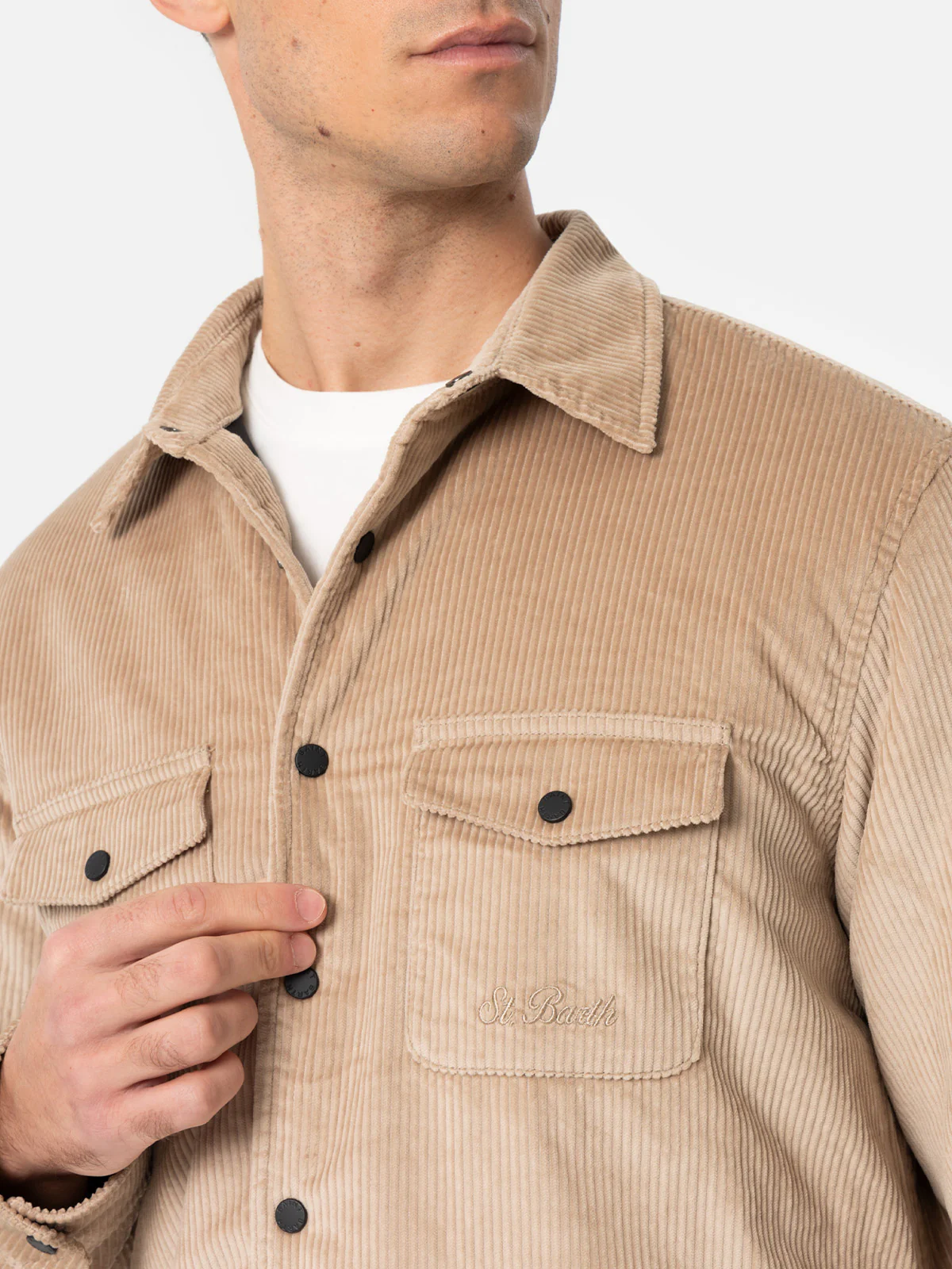 Sobrecamisa de pana beige para hombre con bordado de St. Barth