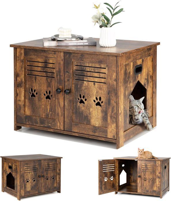 Arenero de madera para gatos COSTWAY con doble puerta, 70 x 51,5 x 50,5 cm, mueble/bandeja de arena con entrada lateral