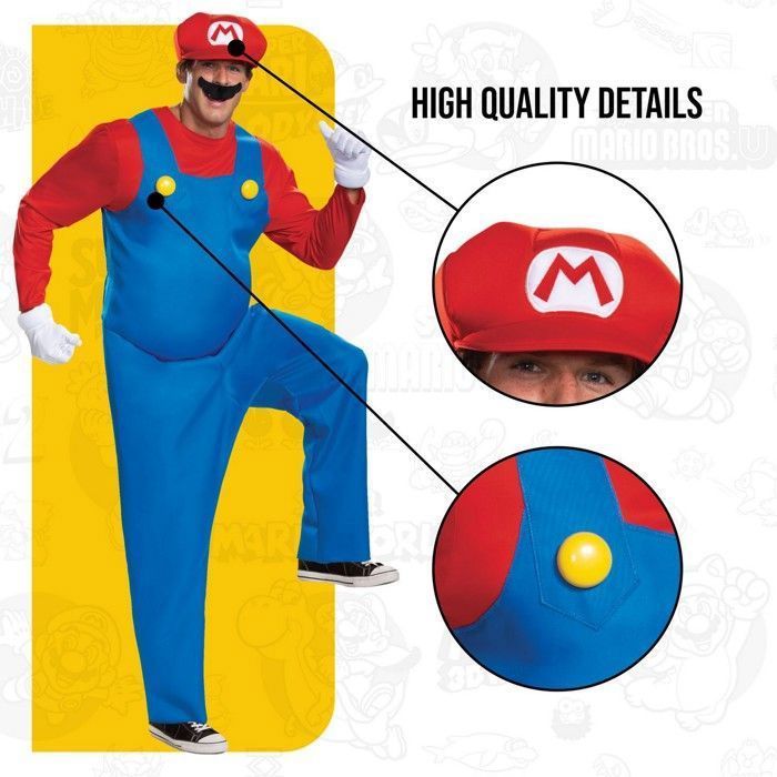 Official adult Mario costume - blue and red jumpsuit, cap and mustache