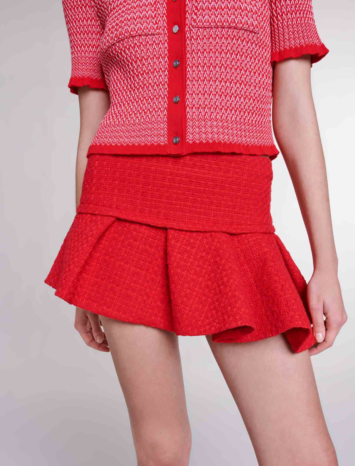 Fustă mini asimetrică din tweed - Roșu