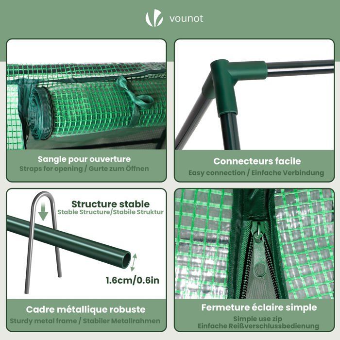 Mini invernadero de jardín VOUNOT® de 180x90x90 cm, color verde, con 2 puertas enrollables con cremallera y cubierta de PE reforzada de 135 g/m².