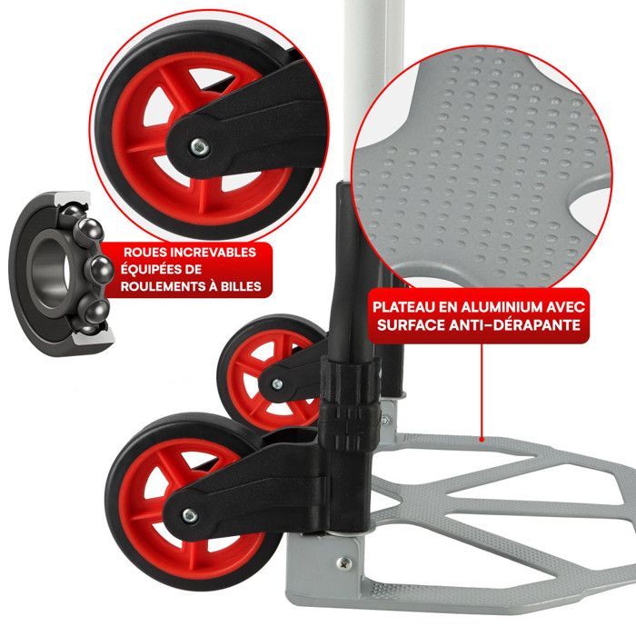 Opvouwbare steekwagen 70 kg - Aluminium - Antislip platform 39x23 cm - Hoogte 91 cm - Lekbestendige wielen met automatisch inklapsysteem