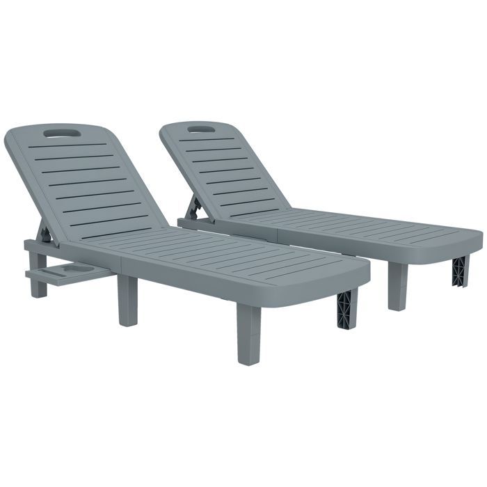 Set di 2 lettini prendisole - Outsunny - reclinabili - con piattaforme retrattili - superficie effetto legno - 62 x 158 x 88 cm - grigio
