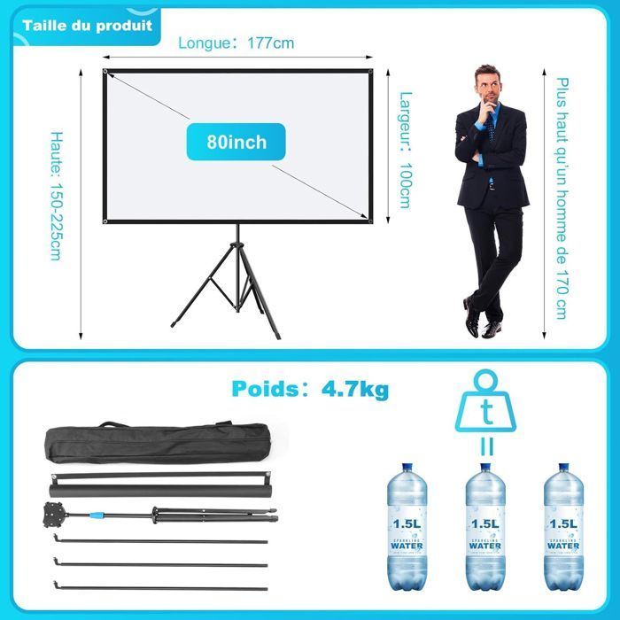 VISULAPEX 80”ALR Écran Videoprojecteur avec Trépied, 4K HD 16:9 Ecran de Projection, Léger Facile à Installer Eran Projecteur