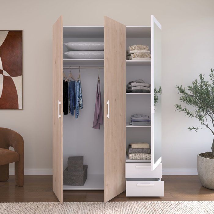 Armoire VARIA - Panneaux de particules revêtu papier - Décor chêne et blanc - 3 portes - L 120,3 x P 5,7 x H 185 cm