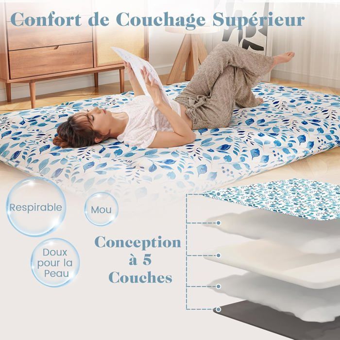 Colchón futón COSTWAY de 140 x 200 cm, con sobrecolchón extraíble y lavable, colchón portátil para suelo con bolsa de transporte y estampado de hojas.