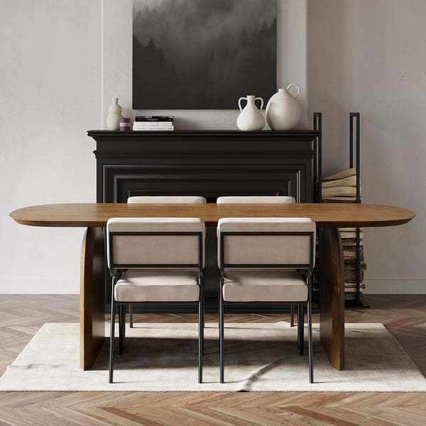Mesa de jantar com tampo e pedestal em madeira maciça para 6 pessoas.
