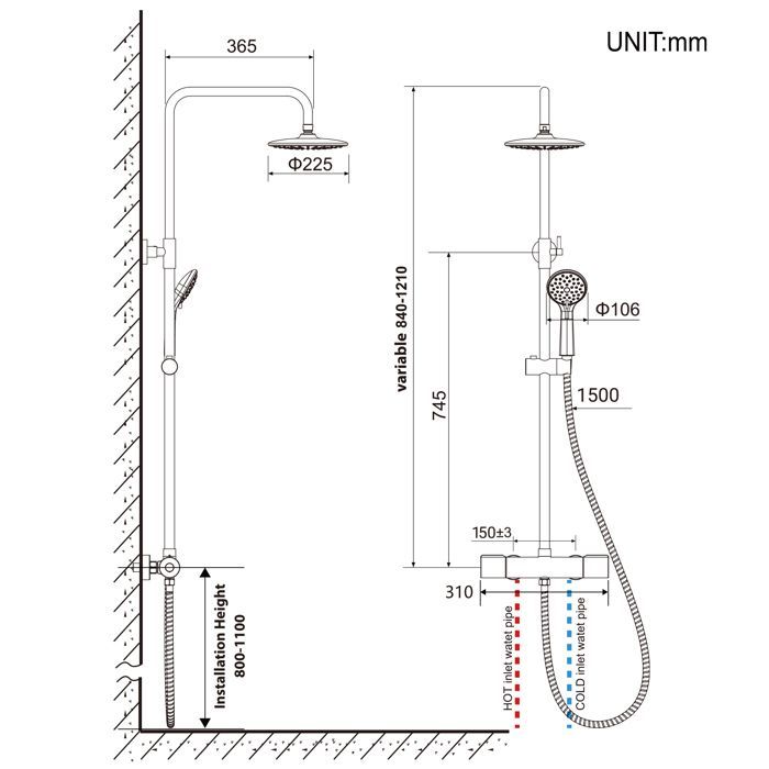 Columna de ducha termostática de 38 °C, color negro, con 3 modos de funcionamiento, ducha de mano y altura regulable de 84 a 121 cm.