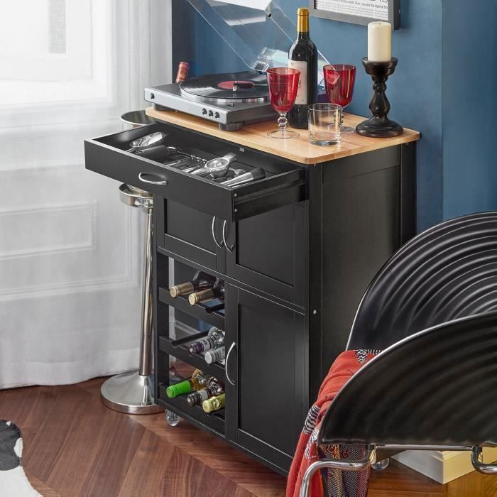 Carrito de cocina SoBuy de madera negra con ruedas, cajón, armarios y botellero, mueble de cocina de 67x38x86cm.
