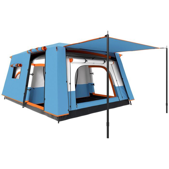 Kampeertent - Outsunny - voor 4-5 personen - waterdicht - deuren + ramen - draagtas - 4,3 x 3 x 1,95 m blauw