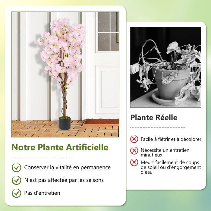 Juego de 2 cerezos artificiales de 150 cm - COSTWAY - Flores artificiales en maceta, decoración de interior para el hogar