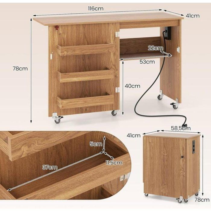 Opklapbare naaitafel -RELAX4LIFE- Geïntegreerd oplaadstation - Groot tafelblad - 3 vakken - Opbergplank - Natuurlijk