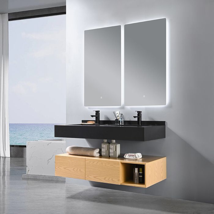 Mobile bagno con doppio lavabo da 150 cm in legno e nero con specchio LED regolabile LB-8470-150 LuxuryBain-