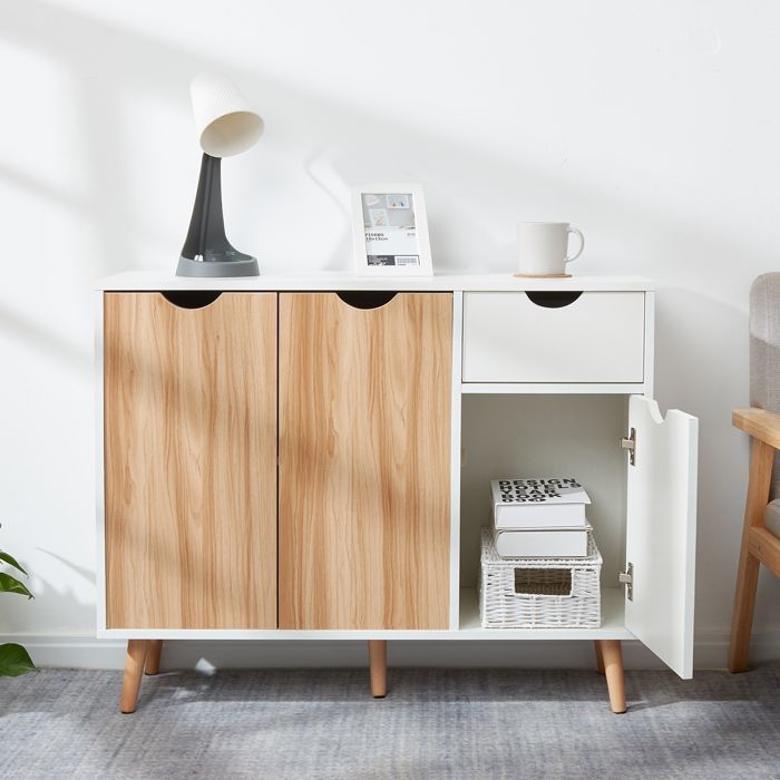 Mondeer buffet de cuisine, meuble rangement cuisine bas 1 tiroir et 3 portes salle à manger/chambre/salon,90x30x73 cm,chêne et blanc