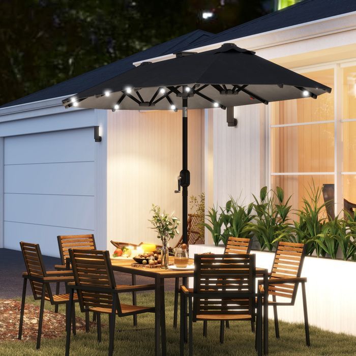 Ombrellone doppio da giardino - Outsunny - illuminazione solare - inclinazione a pulsante, manovella, 2 prese d'aria - 3 x 1,5 m - grigio