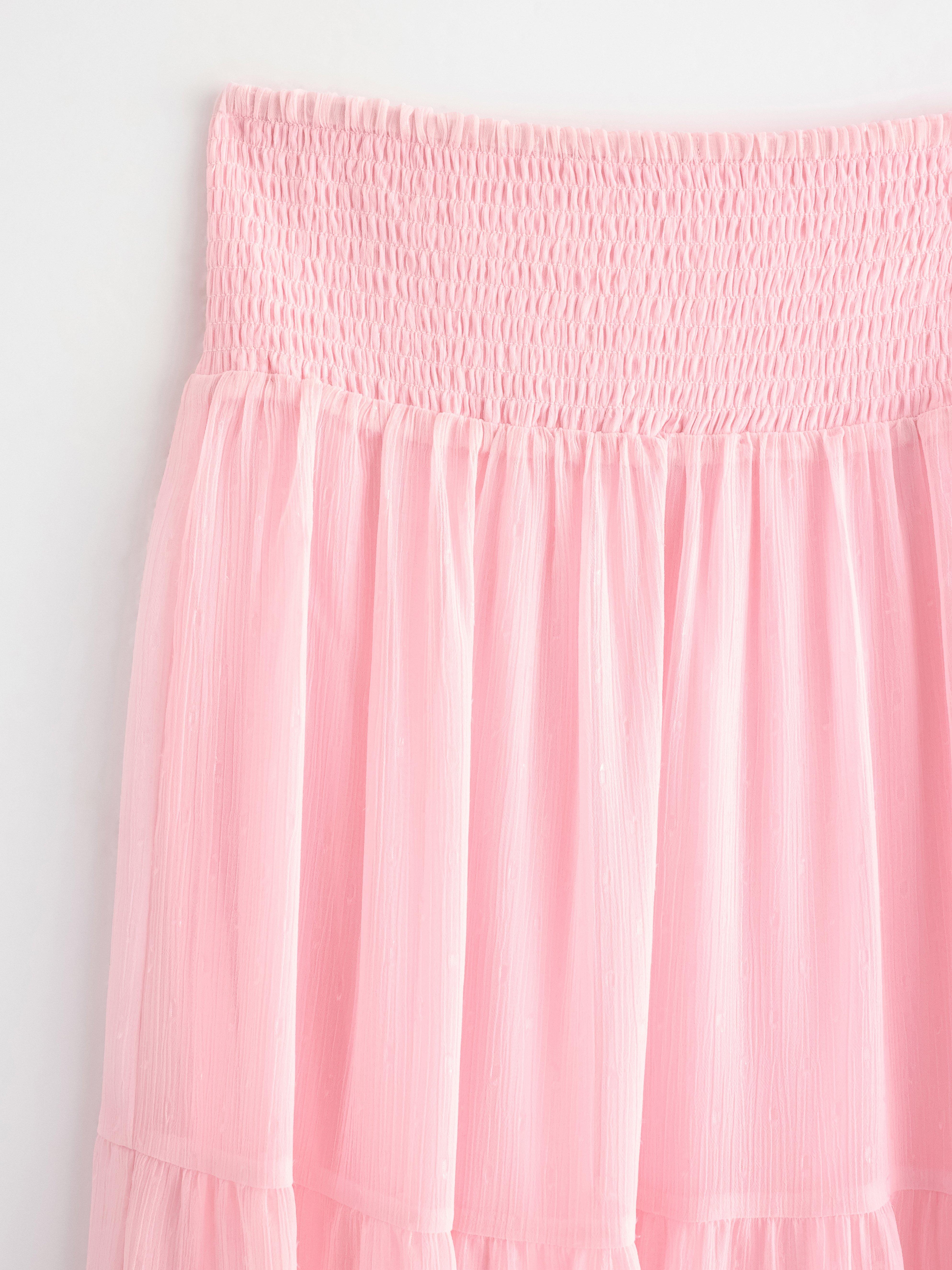 Saia maxi em chiffon rosa claro