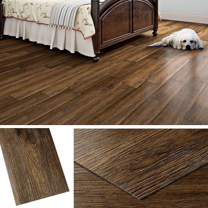 Suelo de linóleo autoadhesivo grueso con efecto parquet de 90x15 cm, suelo autoadhesivo de PVC con efecto madera oscura de 90x15 cm, 18 piezas, madera marrón, suelo de PVC