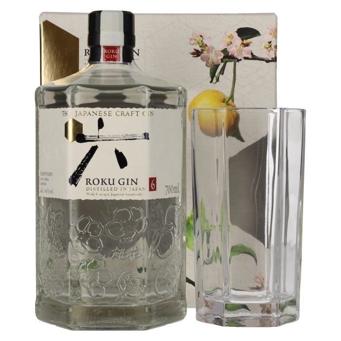 Ginebra Roku, ginebra artesanal japonesa, 43% vol., 0,7 l, en caja de regalo con vaso.