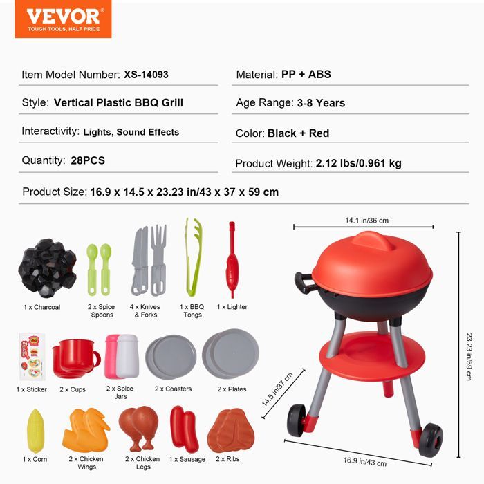 Juego de barbacoa de juguete VEVOR de 28 piezas - Juego de cocina infantil con sonido y luz - Regalo de cumpleaños