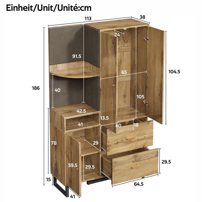 Set armadio da ingresso 110x38x186 cm - 3 ante e 2 cassetti - Armadio con asta appendiabiti - Panca porta scarpe - Naturale