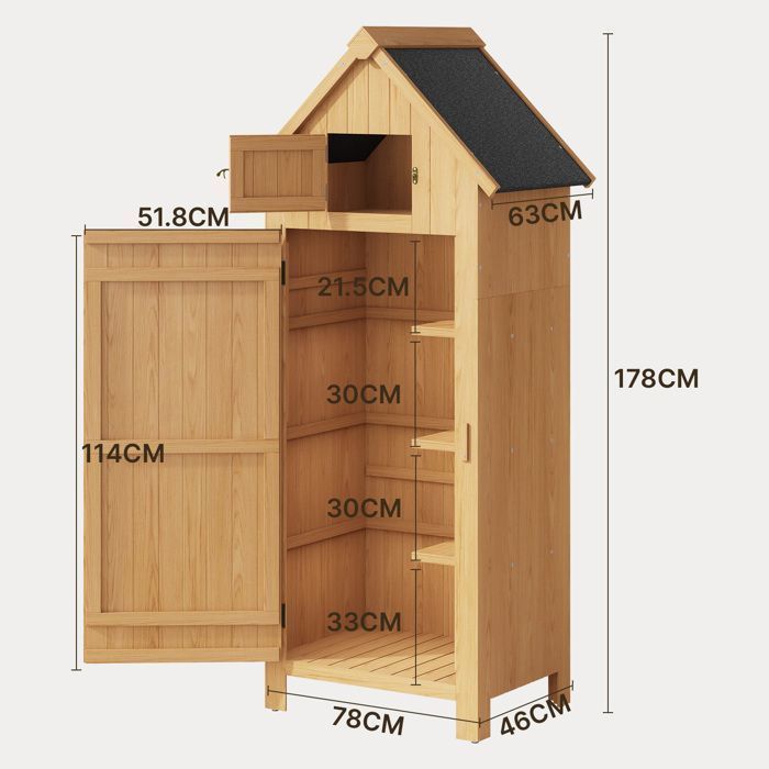 Caseta de jardín - Bealife - Madera de abeto - 3 ganchos - 3 estantes extraíbles - Techo de betún impermeable - Almacenamiento exterior - 180 cm de altura